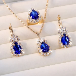 Luxury Female Women Blue Water Drop Wedding Jewelry Set