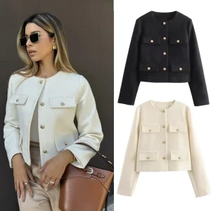 MUJER 2025 Cropped Tweed Jacket Woman Coat Button Long Sleeve Elegant Jackets For Women Short Coats Fashion New In Outerwears