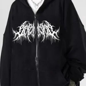 Men's and Women's Gothic Pattern Printed Zipper Hoodie Autumn Casual Retro Fashion High Street Long Sleeve Wool Jacket Hoodie