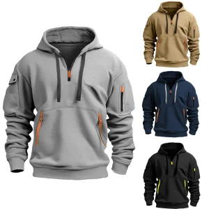 Men's hooded sweatshirt, casual sports pullover, retro Harajuku long sleeved zipper, multiple pockets, casual loose jacket, stre