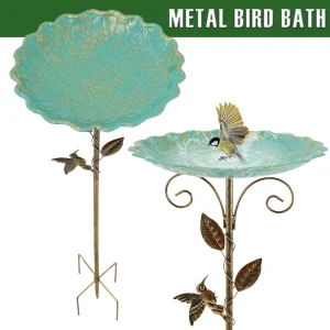 Metal Bird Bath Iron Vintage Rustproof Birdbath with 5 Prongs Base Stake Outdoor Bird Feeder Bowls for Yard Garden Decoration
