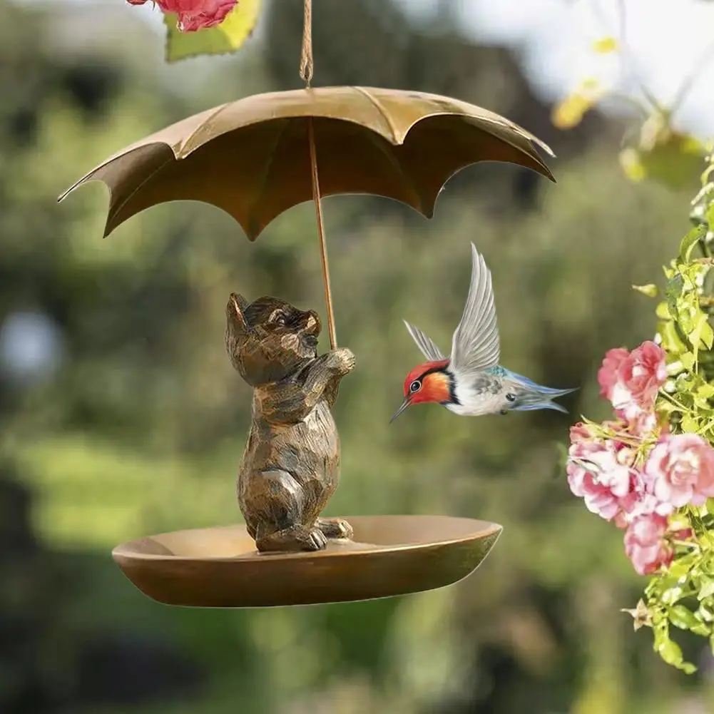 Metal Hummingbird Bird Feeder with Umbrella Cute Squirrel/Cat/Dog Holding Umbrella Design Bird Feeder for Garden Yard Decoration - Image 2