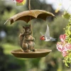 Metal Hummingbird Bird Feeder with Umbrella Cute Squirrel/Cat/Dog Holding Umbrella Design Bird Feeder for Garden Yard Decoration