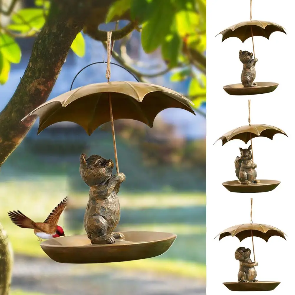 Metal Hummingbird Bird Feeder with Umbrella Cute Squirrel/Cat/Dog Holding Umbrella Design Bird Feeder for Garden Yard Decoration - Image 6