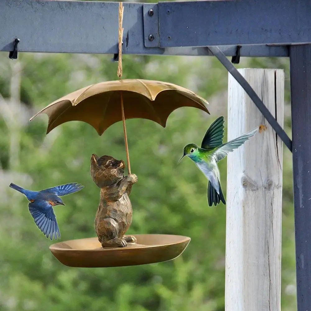 Metal Hummingbird Bird Feeder with Umbrella Cute Squirrel/Cat/Dog Holding Umbrella Design Bird Feeder for Garden Yard Decoration - Image 4