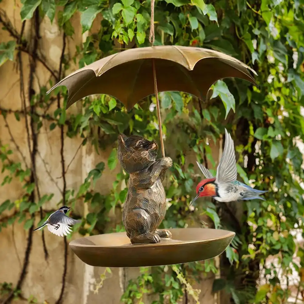 Metal Hummingbird Bird Feeder with Umbrella Cute Squirrel/Cat/Dog Holding Umbrella Design Bird Feeder for Garden Yard Decoration - Image 5