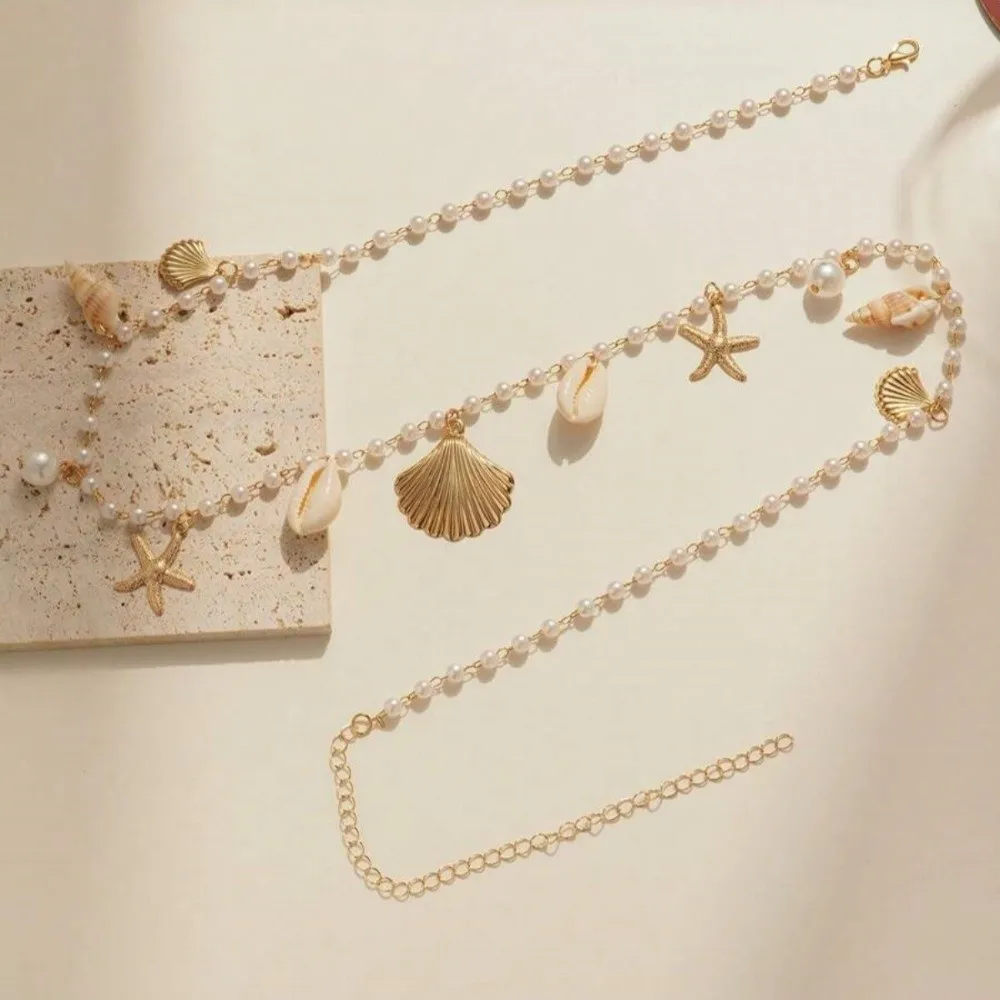 Multi-pendant Imitation Pearl Body Chain Adjustable Zinc Alloy Starfish Waist Chain Bohemian Style Shell Beads Belly Chain Beach - Image 4