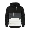 New Men's Patchwork Hoodie Outdoor Casual Sportswear Street Fashion Men's Fleece Thermal Hooded Sweatshirt Fall Winter Black