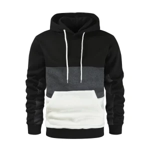 New Men's Patchwork Hoodie Outdoor Casual Sportswear Street Fashion Men's Fleece Thermal Hooded Sweatshirt Fall Winter Black