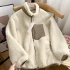 New in Autumn and Winter Women's Fleece Stand Neck Jacket Couple Zipper Loose Warm Lamb Wool Coat Solid Color Jacket