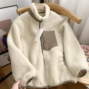 New in Autumn and Winter Women's Fleece Stand Neck Jacket Couple Zipper Loose Warm Lamb Wool Coat Solid Color Jacket