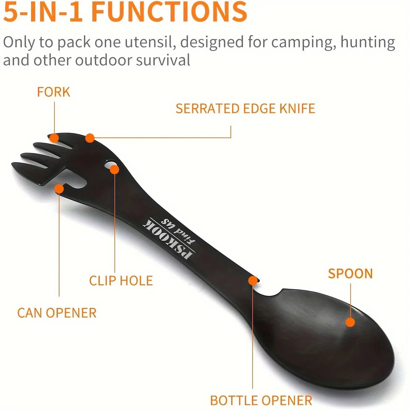 PSKOOK Outdoor Survival Tools 5 in 1 Camping Multi-functional EDC Kit Practical Fork Knife Spoon Bottle/Can Opener - Image 4