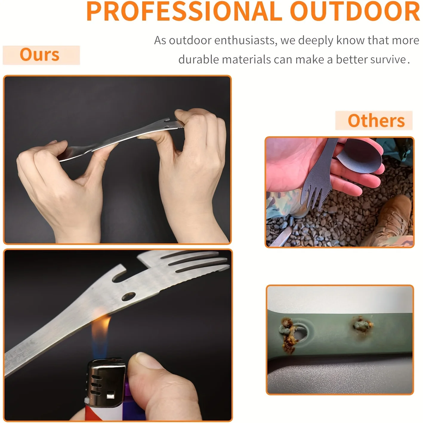 PSKOOK Outdoor Survival Tools 5 in 1 Camping Multi-functional EDC Kit Practical Fork Knife Spoon Bottle/Can Opener - Image 3