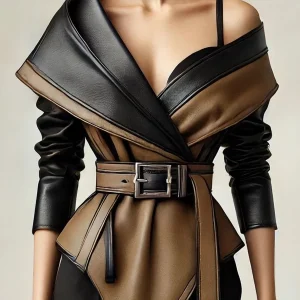 PU Faux Leather Jacket for Women's One Shoulder Splice Irregular Hem Long Sleeve Leather Coat Casual Vintage Elegant Jacket Belt