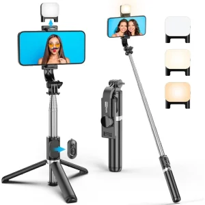 Portable Bluetooth Selfie Stick Tripod, Retractable with Selfie Light & Wireless Remote, Hands Free for Travel Vlog iPhone.