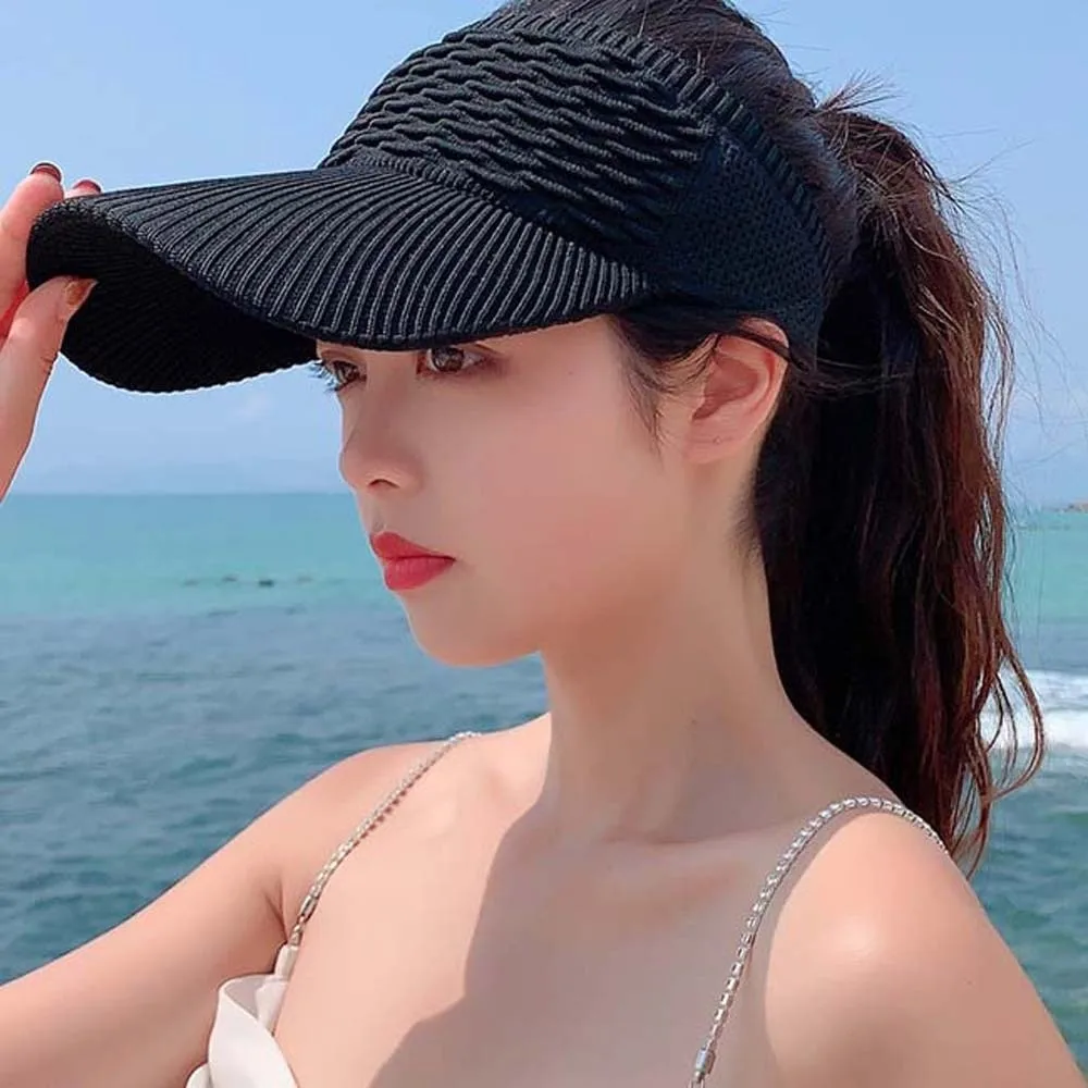 Portable Fish Scale Knitted Visor Cap Breathable Polyester Long Brim Sun Cap Solid Color Versatile Sunscreen Empty Top Hat Sport - Image 2