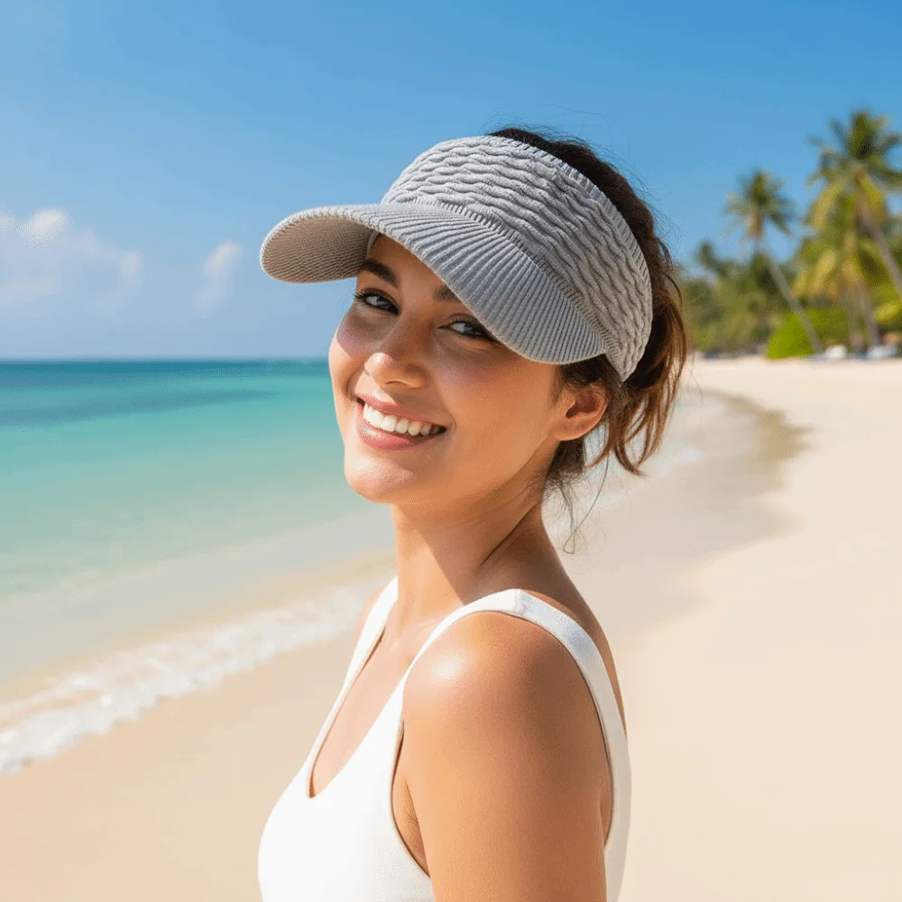 Portable Fish Scale Knitted Visor Cap Breathable Polyester Long Brim Sun Cap Solid Color Versatile Sunscreen Empty Top Hat Sport - Image 3