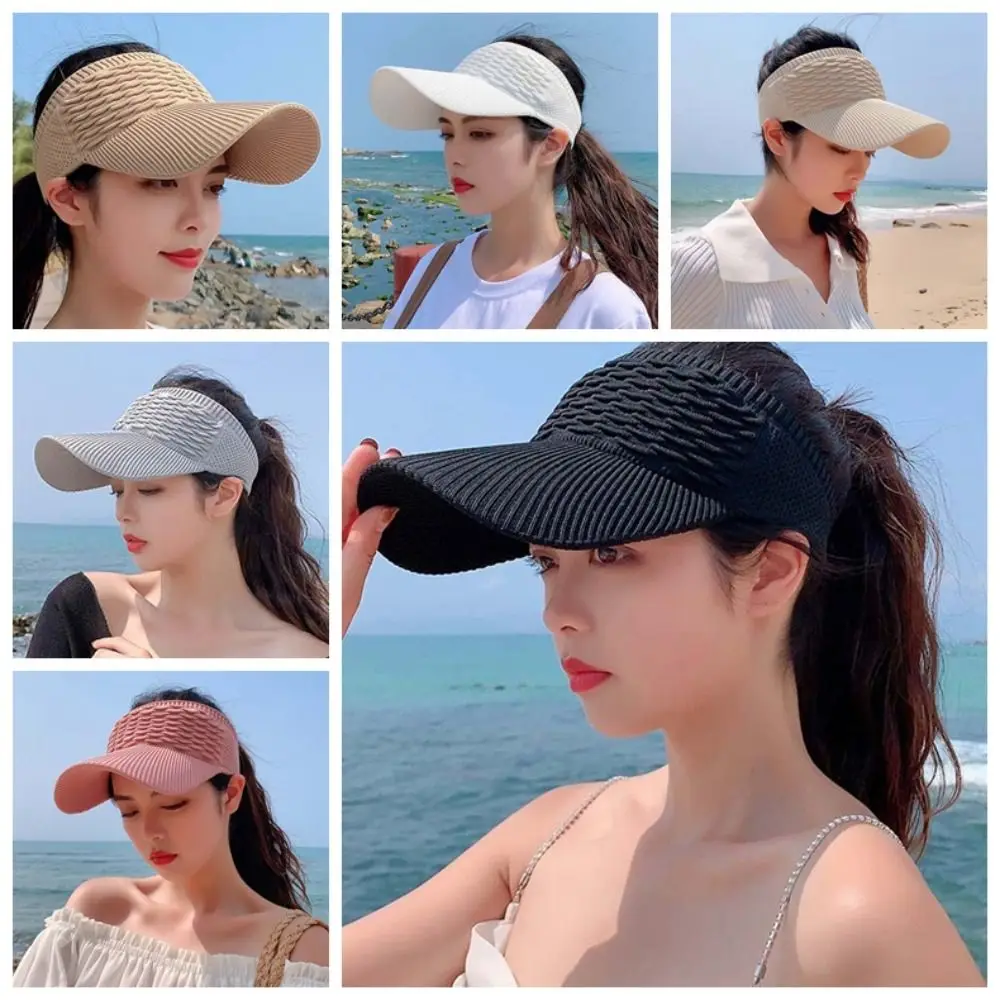 Portable Fish Scale Knitted Visor Cap Breathable Polyester Long Brim Sun Cap Solid Color Versatile Sunscreen Empty Top Hat Sport - Image 6