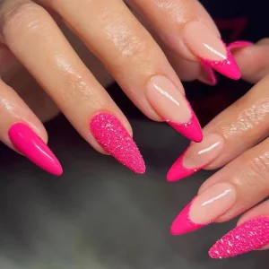Rose Pink French Glitter Powder Wearable Almond Shape Fashion Fake Nails Full Cover Finished False Nails Press on Nail with Glue