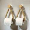 Rustic Hemp Rope Toilet Paper Holder - Self-Adhesive Wall Mount Bathroom Tissue Storage with Wooden Knob, Natural Braided