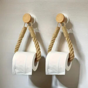 Rustic Hemp Rope Toilet Paper Holder - Self-Adhesive Wall Mount Bathroom Tissue Storage with Wooden Knob, Natural Braided