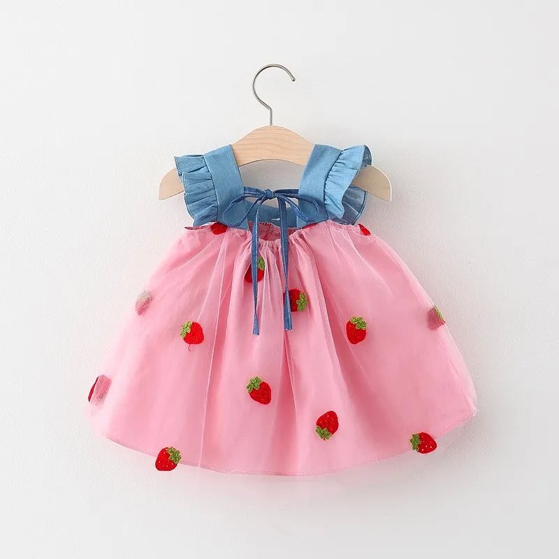 Simple Children's Dresses Summer Sleeveless Bowknot Cherry Embroidery Mesh Baby Girl Clothes 0 to 3 Years Old Kids Costume - Image 2
