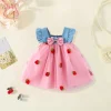 Simple Children's Dresses Summer Sleeveless Bowknot Cherry Embroidery Mesh Baby Girl Clothes 0 to 3 Years Old Kids Costume