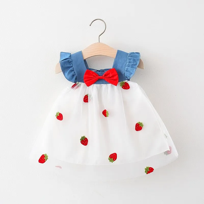 Simple Children's Dresses Summer Sleeveless Bowknot Cherry Embroidery Mesh Baby Girl Clothes 0 to 3 Years Old Kids Costume - Image 3