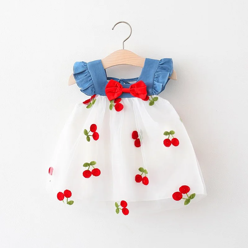 Simple Children's Dresses Summer Sleeveless Bowknot Cherry Embroidery Mesh Baby Girl Clothes 0 to 3 Years Old Kids Costume - Image 4