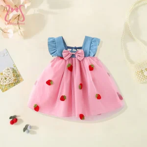 Simple Children's Dresses Summer Sleeveless Bowknot Cherry Embroidery Mesh Baby Girl Clothes 0 to 3 Years Old Kids Costume