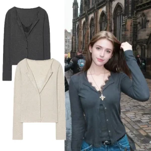 Soft Comfortable Gray Cardigan Lace Detail For Women Long Sleeves Button Tops Casual Stylish Knit Top Layering Autumn Outerwear