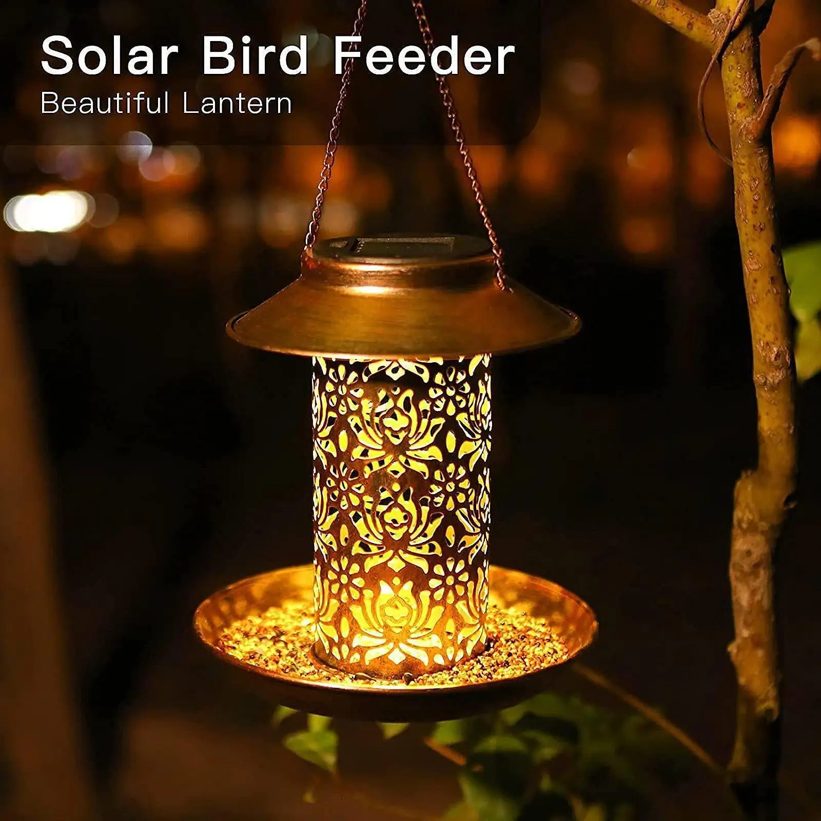 Solar Bird Feeder Vintage Design Ornament with Food Tray Multifunctional Hanging Lantern for Patio Bird Lovers Lawn Yard Gift
