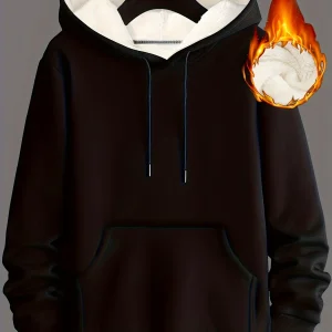 Solid color casual men's fleece warm hooded sweatshirt with drawstring and kangaroo pocket, winter outdoor men's hooded sweatshi