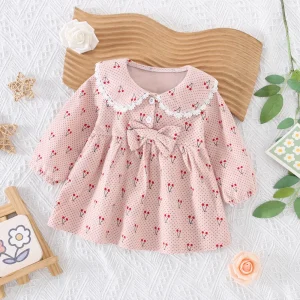 Spring and Autumn New Children's Skirt 0-3 Year Old Baby Girl Cartoon Cherry Fresh Dress Bow Decoration Collar Top