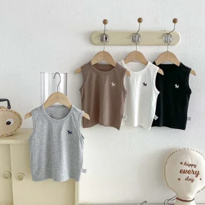 Summer Boys and Girls Casual Puppy Embroidered Sleeveless Vest Solid Color Sleeveless Baby Casual Embroidered Stretch Striped Sh