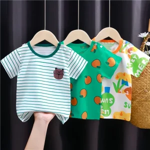 Summer Cartoon T-shirt for Kids 2025 Animal Printing Dinosaur Cat Design Boys Girls Striped Tops Tees Baby Clothes