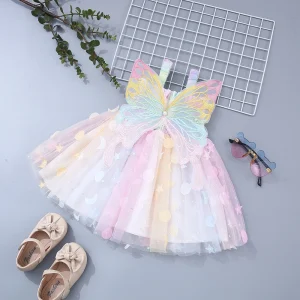 Summer New Baby Girl Dress Girls' Strap Colorful Mesh Butterfly Wings Beach Birthday Party Princess Dress 0-3 Years