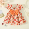 Summer New Cute Full of Love Short Sleeved Cotton Dress for Girls Korean Back Bow Dress Suitable for 0-3 Year Old Babies