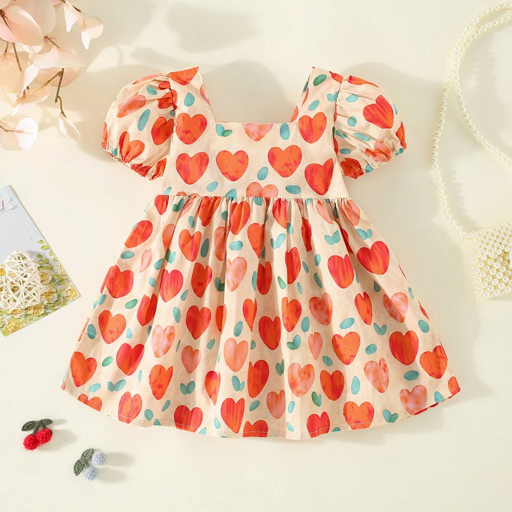 Summer New Cute Full of Love Short Sleeved Cotton Dress for Girls Korean Back Bow Dress Suitable for 0-3 Year Old Babies - Image 4
