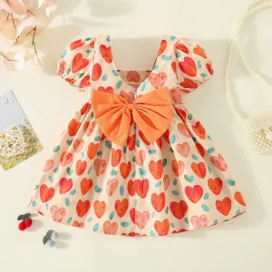 Summer New Cute Full of Love Short Sleeved Cotton Dress for Girls Korean Back Bow Dress Suitable for 0-3 Year Old Babies