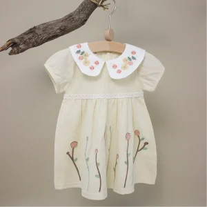 Summer New Floral Embroidery Baby Girl Dress, Pure Cotton Baby Princess Dress 0-3 Years Cute Short Sleeve Dress 0-3Y
