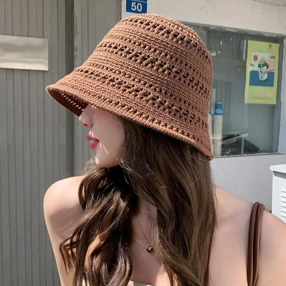 Summer Women Fisherman Hat Hollowed-Out Design Sun Protection Wide Brim Hat Solid Color V Protection Summer Beach Hat - Image 2