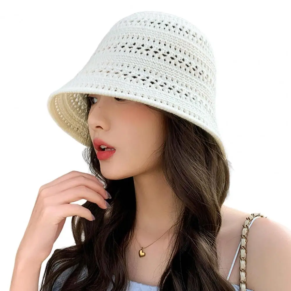 Summer Women Fisherman Hat Hollowed-Out Design Sun Protection Wide Brim Hat Solid Color V Protection Summer Beach Hat - Image 5