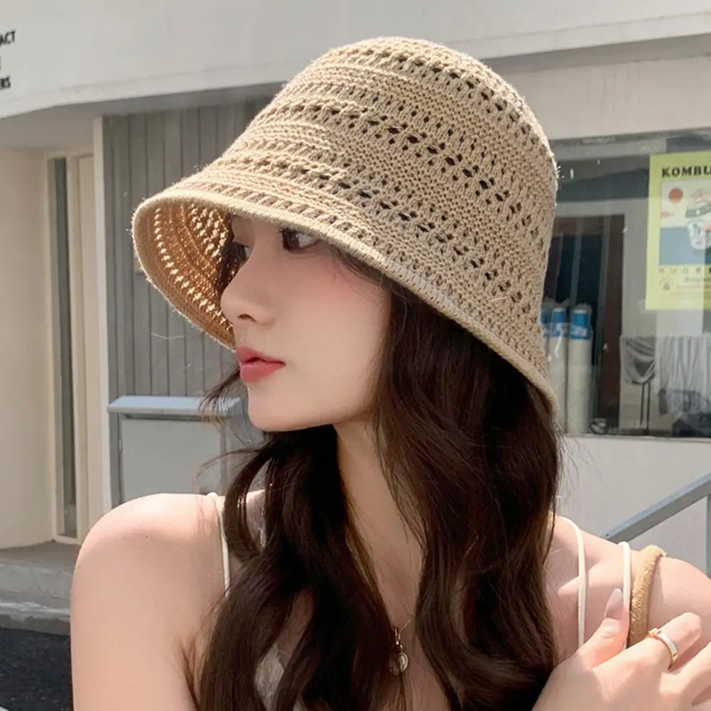 Summer Women Fisherman Hat Hollowed-Out Design Sun Protection Wide Brim Hat Solid Color V Protection Summer Beach Hat - Image 3