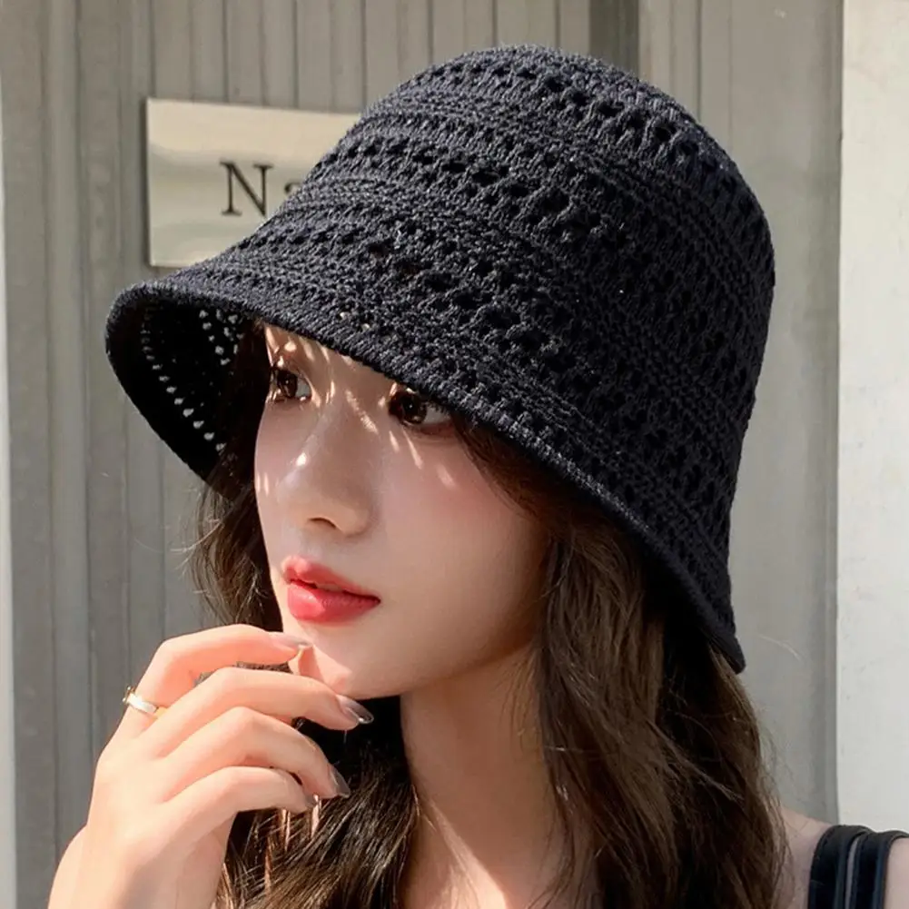 Summer Women Fisherman Hat Hollowed-Out Design Sun Protection Wide Brim Hat Solid Color V Protection Summer Beach Hat - Image 4