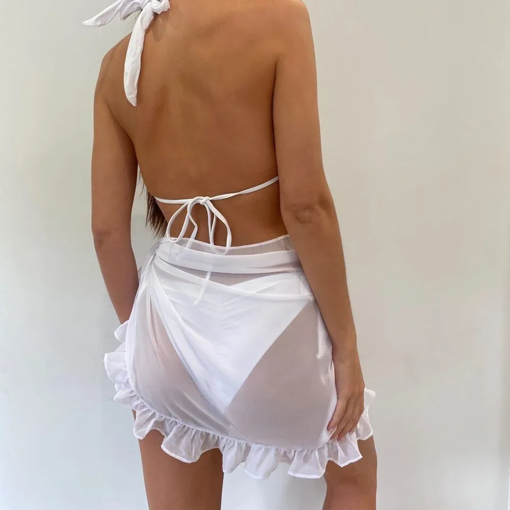 Summer popular short skirt European and American chiffon solid color sunscreen bikini fungus edge beach skirt blouse for women - Image 4