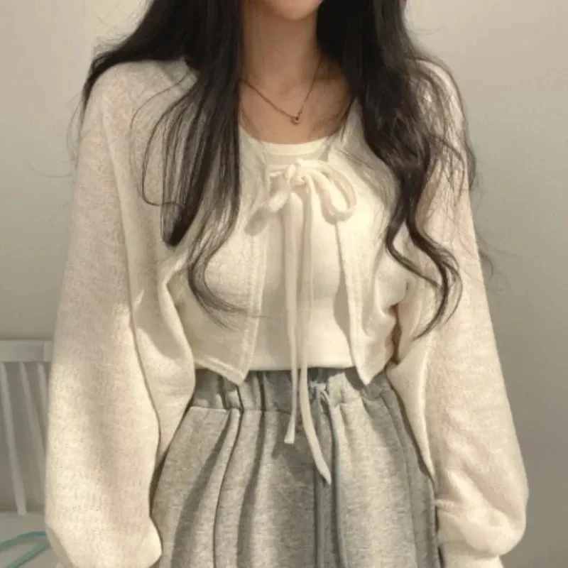 Thin White Cardigan Women Summer Sunscreen Lace-up Knitwear Tops Lady Korean Style Casual Lantern Sleeve Short Sun Protected Top - Image 2