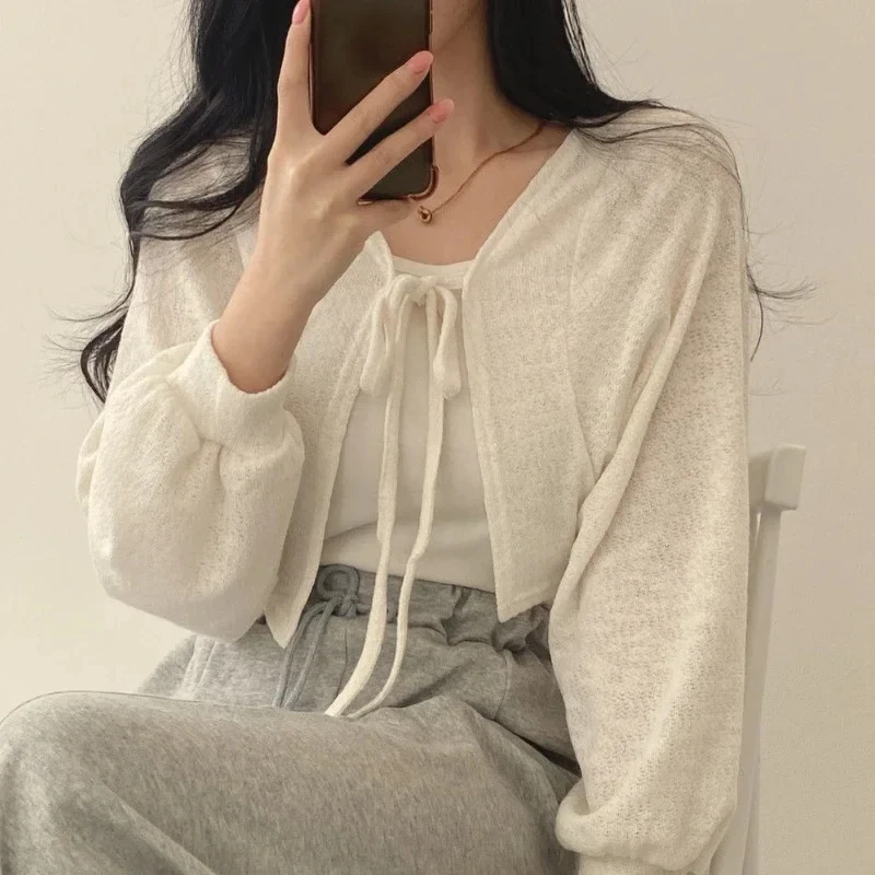 Thin White Cardigan Women Summer Sunscreen Lace-up Knitwear Tops Lady Korean Style Casual Lantern Sleeve Short Sun Protected Top - Image 3