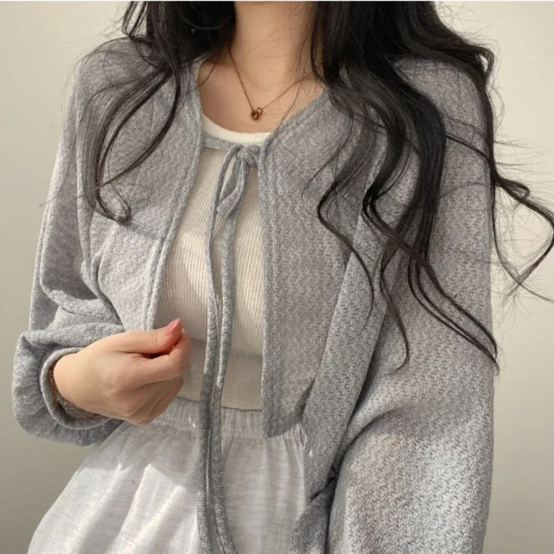 Thin White Cardigan Women Summer Sunscreen Lace-up Knitwear Tops Lady Korean Style Casual Lantern Sleeve Short Sun Protected Top - Image 5