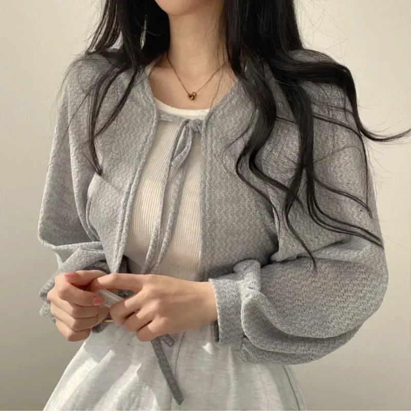 Thin White Cardigan Women Summer Sunscreen Lace-up Knitwear Tops Lady Korean Style Casual Lantern Sleeve Short Sun Protected Top - Image 6